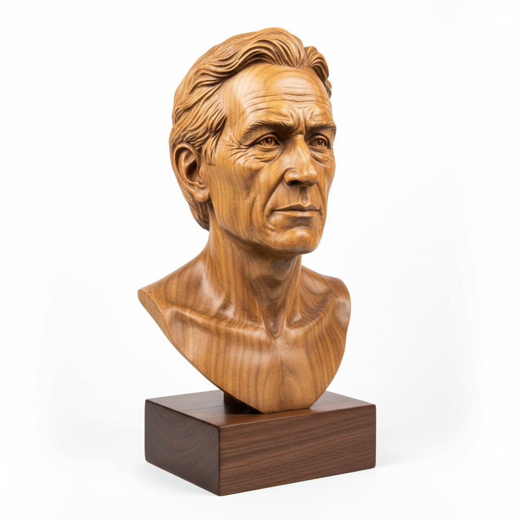 Custom lifelike wood carved portrait sculpture
