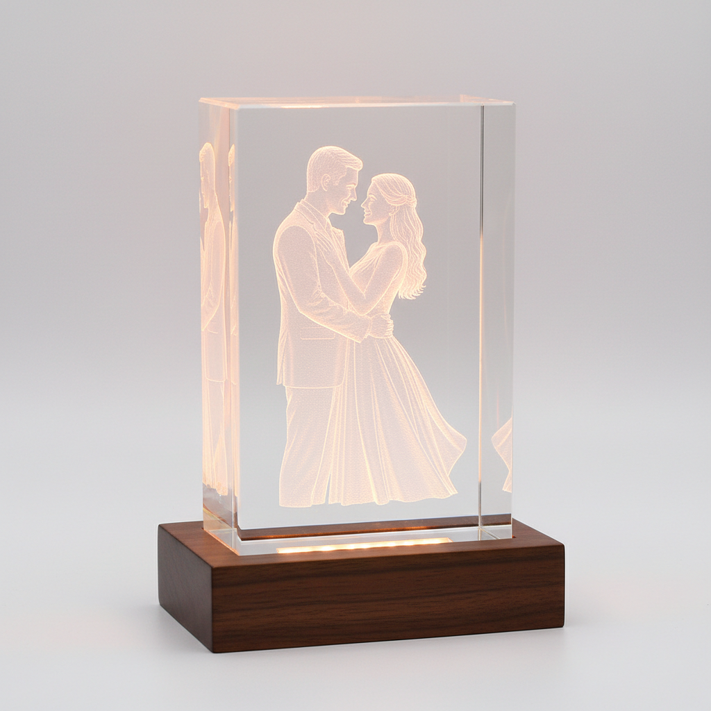 Crystal portrait sculpture – couple 3D engraving