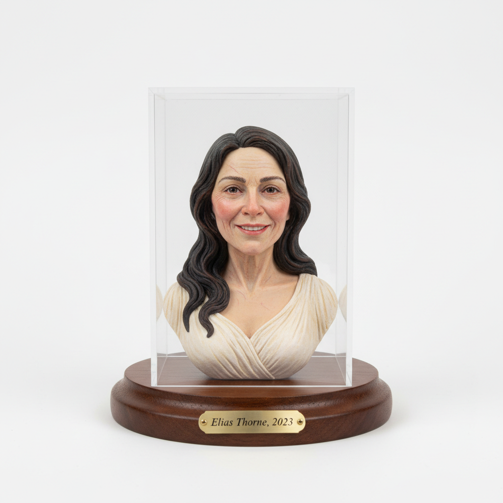 Polymer clay portrait figurine on wooden base